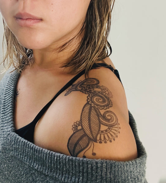 Henna Design Tattoo | 2 Week Temporary Tattoo | Semi Permanent Tattoo | Plant Based Vegan Tattoo | Indian Design Tattoo | Flower Tattoo | Festival Tattoo | Gift Idea | Boho Tattoo | Bohemian Tattoo