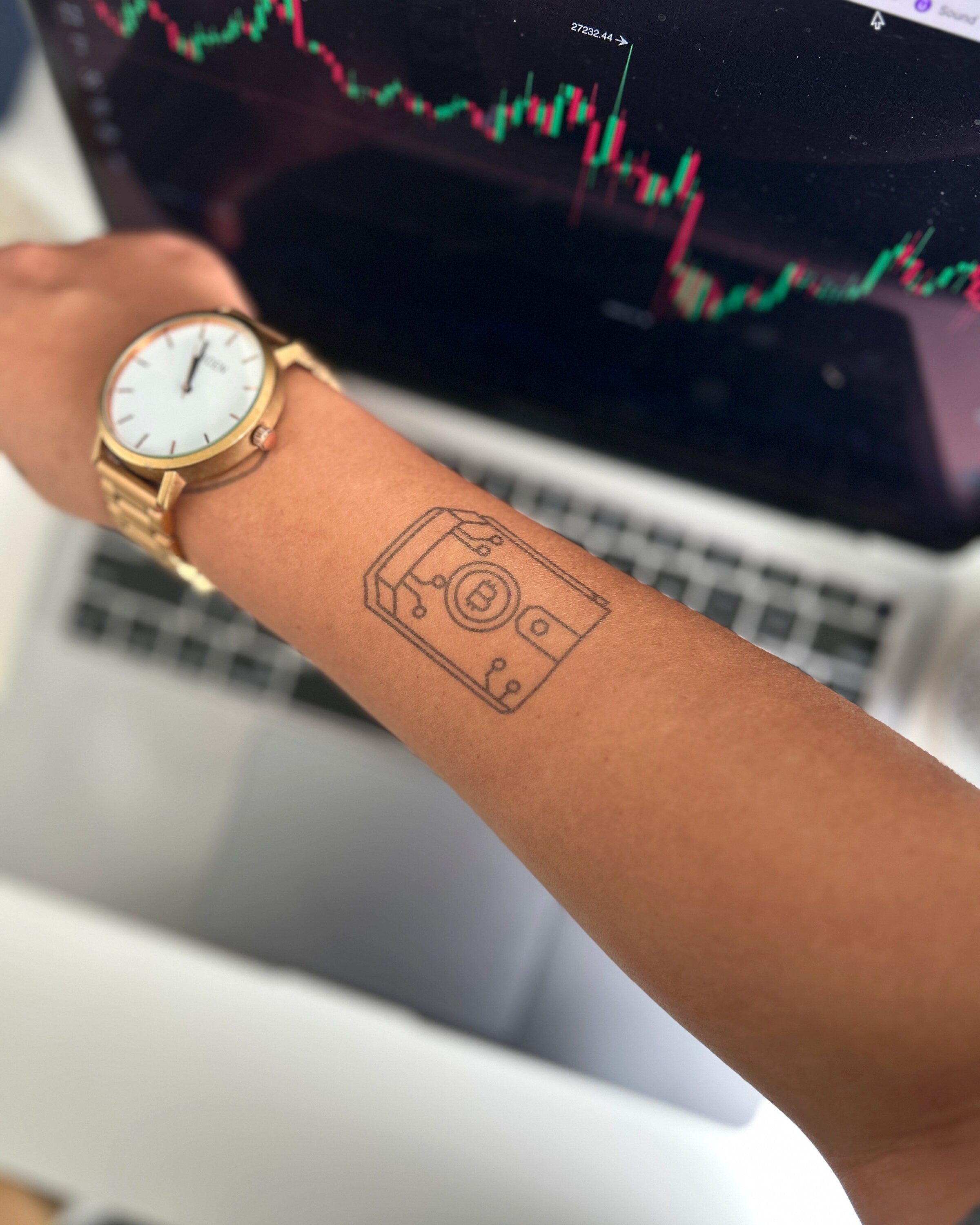 Premium Photo | A Photo showcasing a Bitcoin and Ethereum themed tattoo on  a person's arm